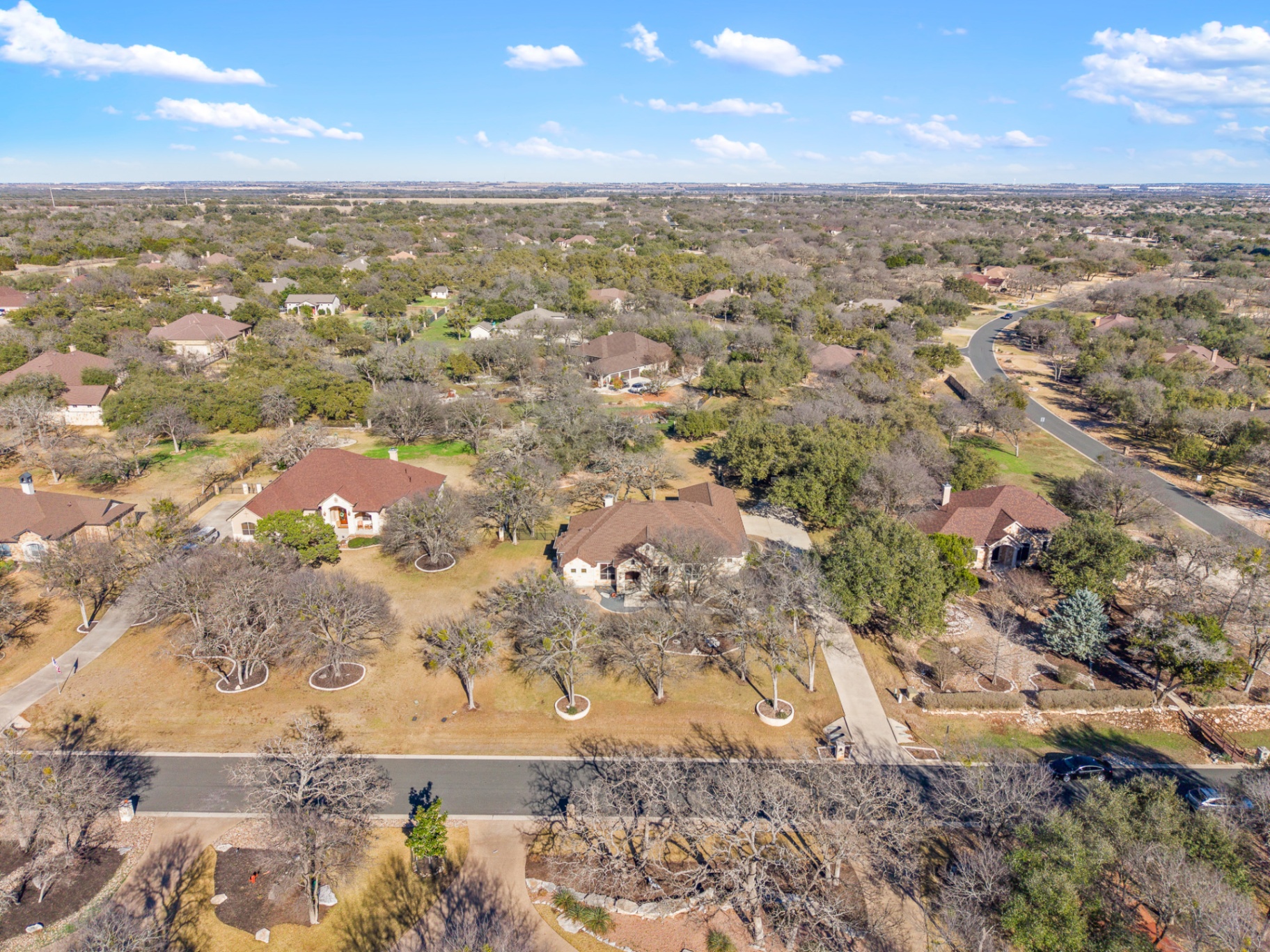 Aerial street view of property and surrounding homes in Shady Oaks Estates